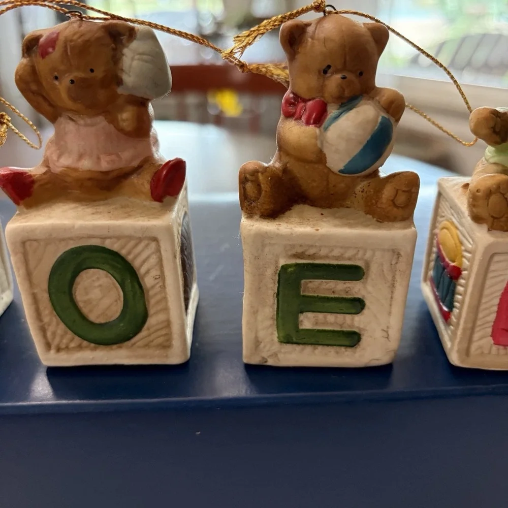 VTG Vintage NOEL Teddy Bear Alphabet Blocks Ceramic Christmas Tree Ornaments